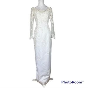 Vtg 90s Bonny® Wedding Dress, Lace And Bead Embellished Sheer long-sleeve, sz 12